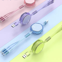 Transparent shell retractable three-in-one data cable